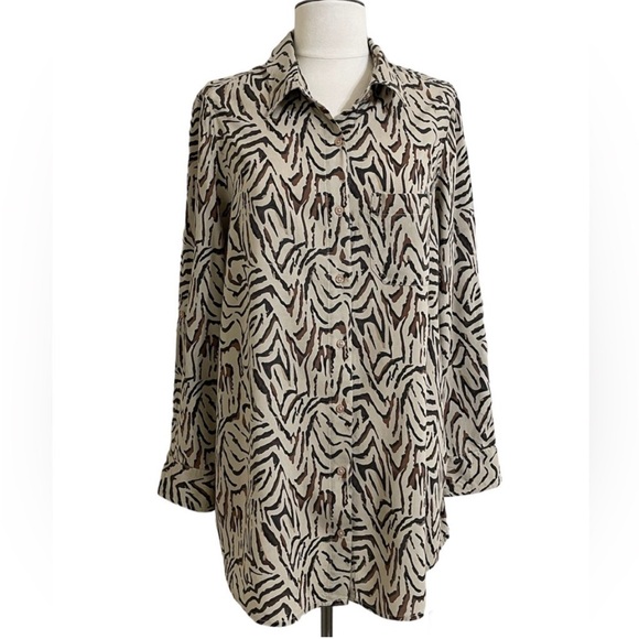 INTRO ❤️Womens Tan Black Zebra Print Long Sleeve Button Front Shirt Tunis Medium - Picture 1 of 11